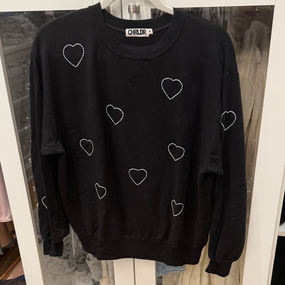 CHRLDR Black Sweatshirt with White Heart Accents